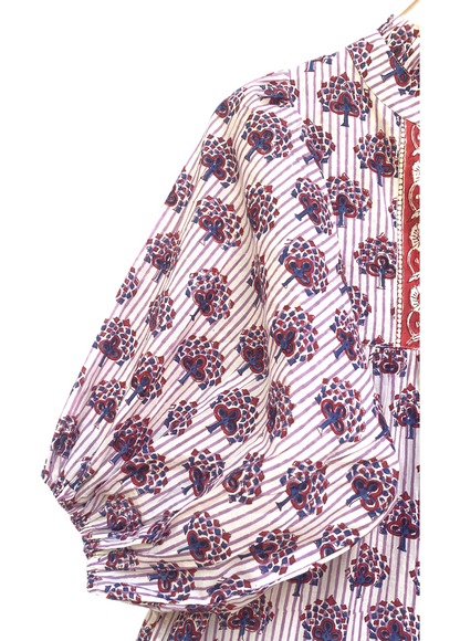 White Purple Floral Block Print Cotton Midi Dress – Boho Handmade Tiered Dress with Puff Sleeves & Red Contrast Yoke