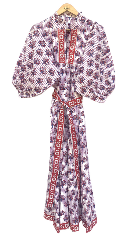 White Purple Floral Block Print Cotton Midi Dress – Boho Handmade Tiered Dress with Puff Sleeves & Red Contrast Yoke