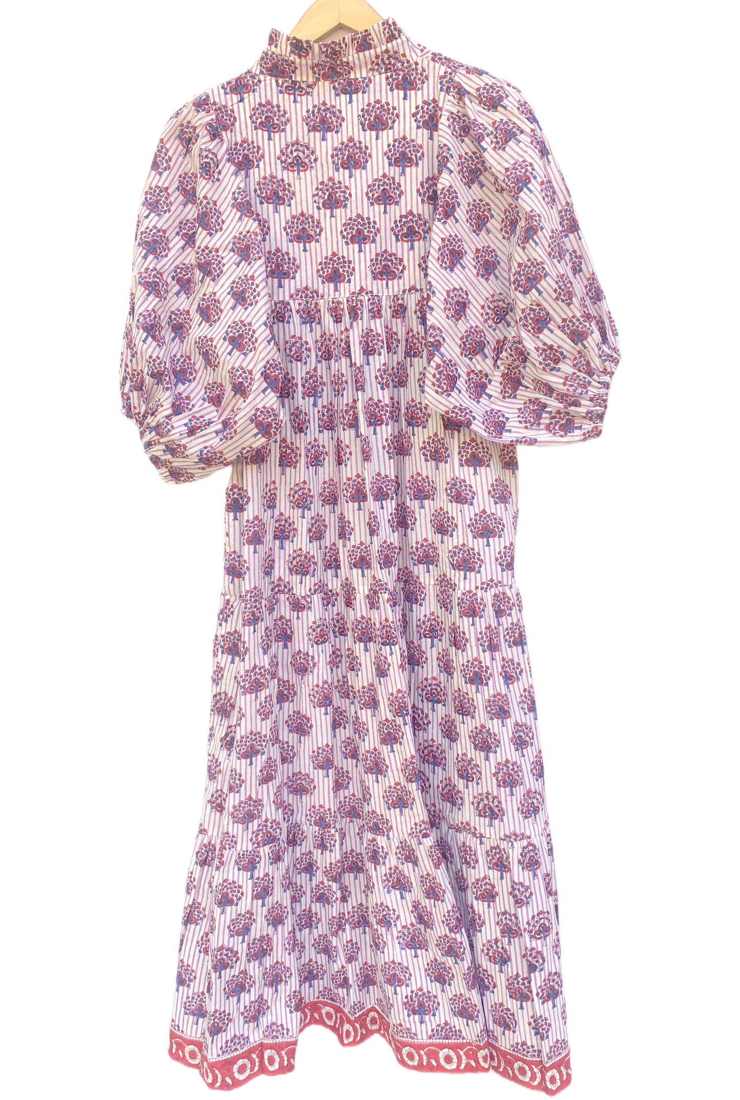 White Purple Floral Block Print Cotton Midi Dress – Boho Handmade Tiered Dress with Puff Sleeves & Red Contrast Yoke