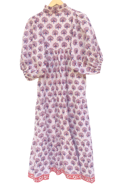 White Purple Floral Block Print Cotton Midi Dress – Boho Handmade Tiered Dress with Puff Sleeves & Red Contrast Yoke