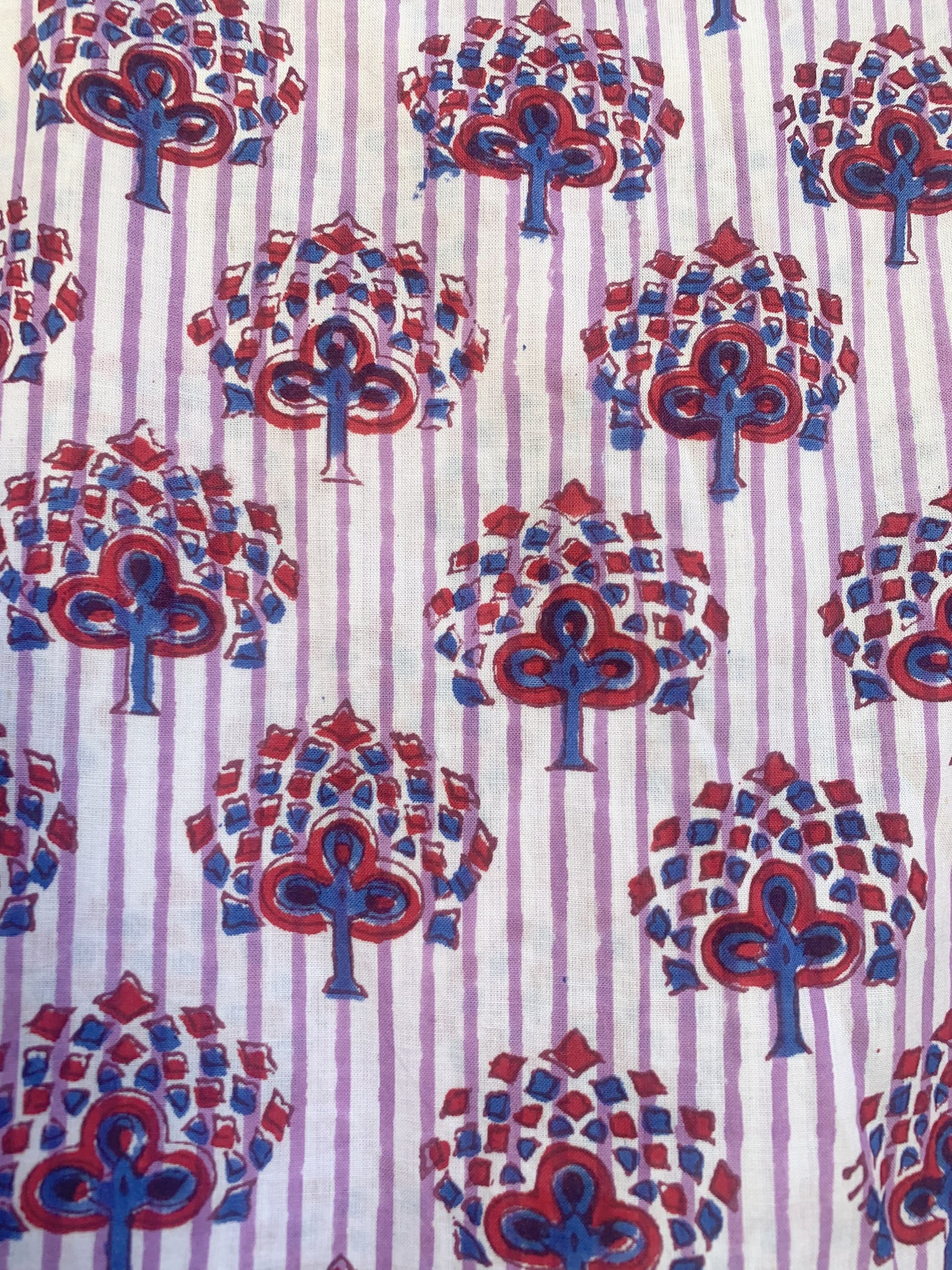 White Purple Floral Block Print Cotton Midi Dress – Boho Handmade Tiered Dress with Puff Sleeves & Red Contrast Yoke