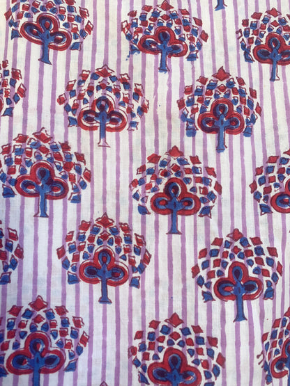 White Purple Floral Block Print Cotton Midi Dress – Boho Handmade Tiered Dress with Puff Sleeves & Red Contrast Yoke