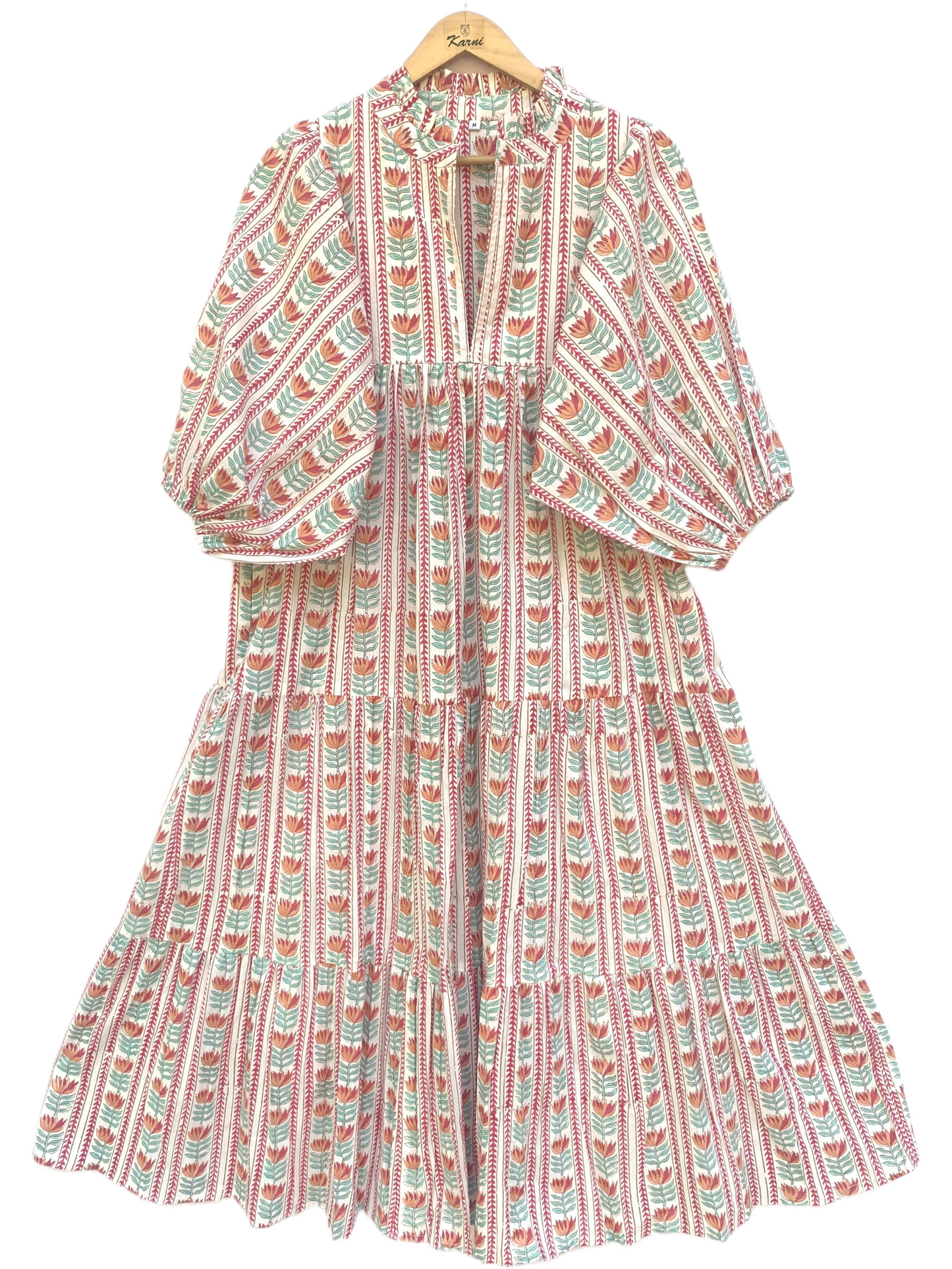 Mint Red Floral Stripe Block Print Cotton Midi Dress – Boho Handmade Tiered Dress with Puff Sleeves