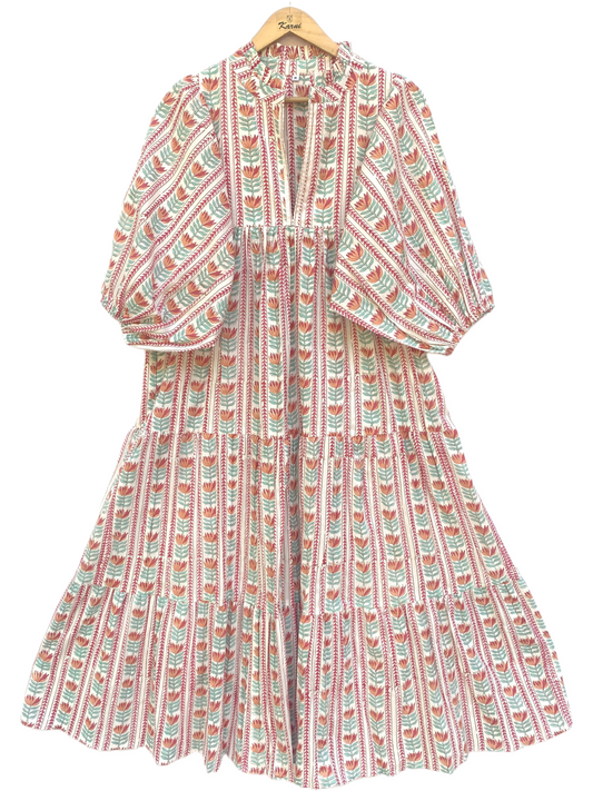 Mint Red Floral Stripe Block Print Cotton Midi Dress – Boho Handmade Tiered Dress with Puff Sleeves