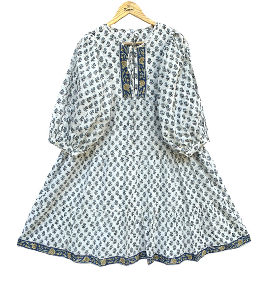 serene white summer mini sundress with pale blue floral booti print