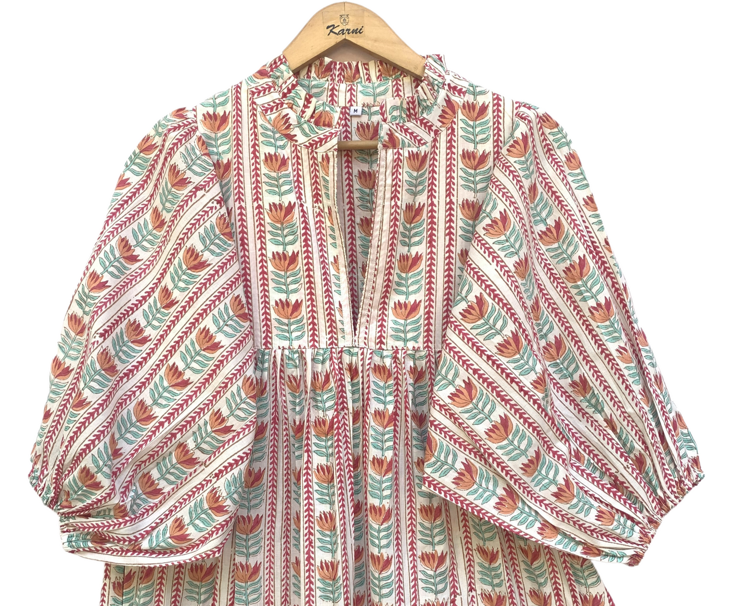 Mint Red Floral Stripe Block Print Cotton Midi Dress – Boho Handmade Tiered Dress with Puff Sleeves