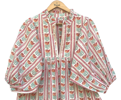 Mint Red Floral Stripe Block Print Cotton Midi Dress – Boho Handmade Tiered Dress with Puff Sleeves