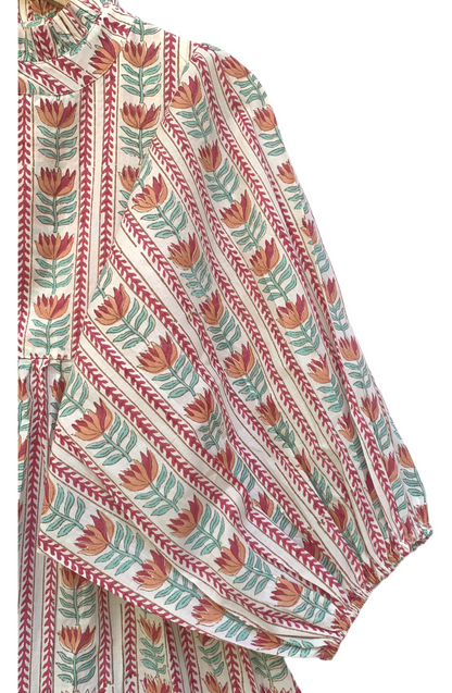 Mint Red Floral Stripe Block Print Cotton Midi Dress – Boho Handmade Tiered Dress with Puff Sleeves