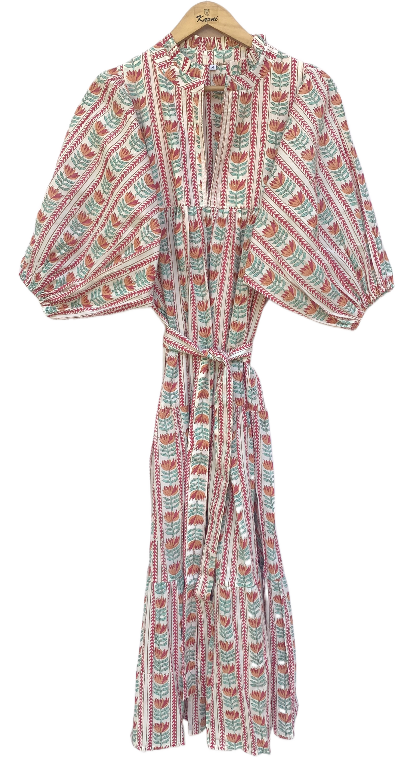 Mint Red Floral Stripe Block Print Cotton Midi Dress – Boho Handmade Tiered Dress with Puff Sleeves