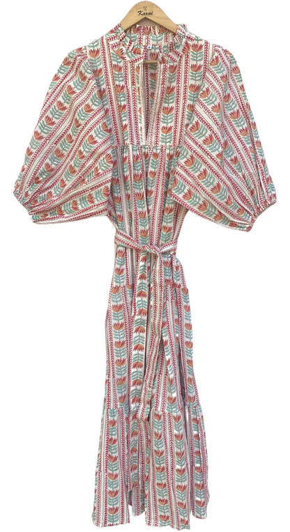 Mint Red Floral Stripe Block Print Cotton Midi Dress – Boho Handmade Tiered Dress with Puff Sleeves