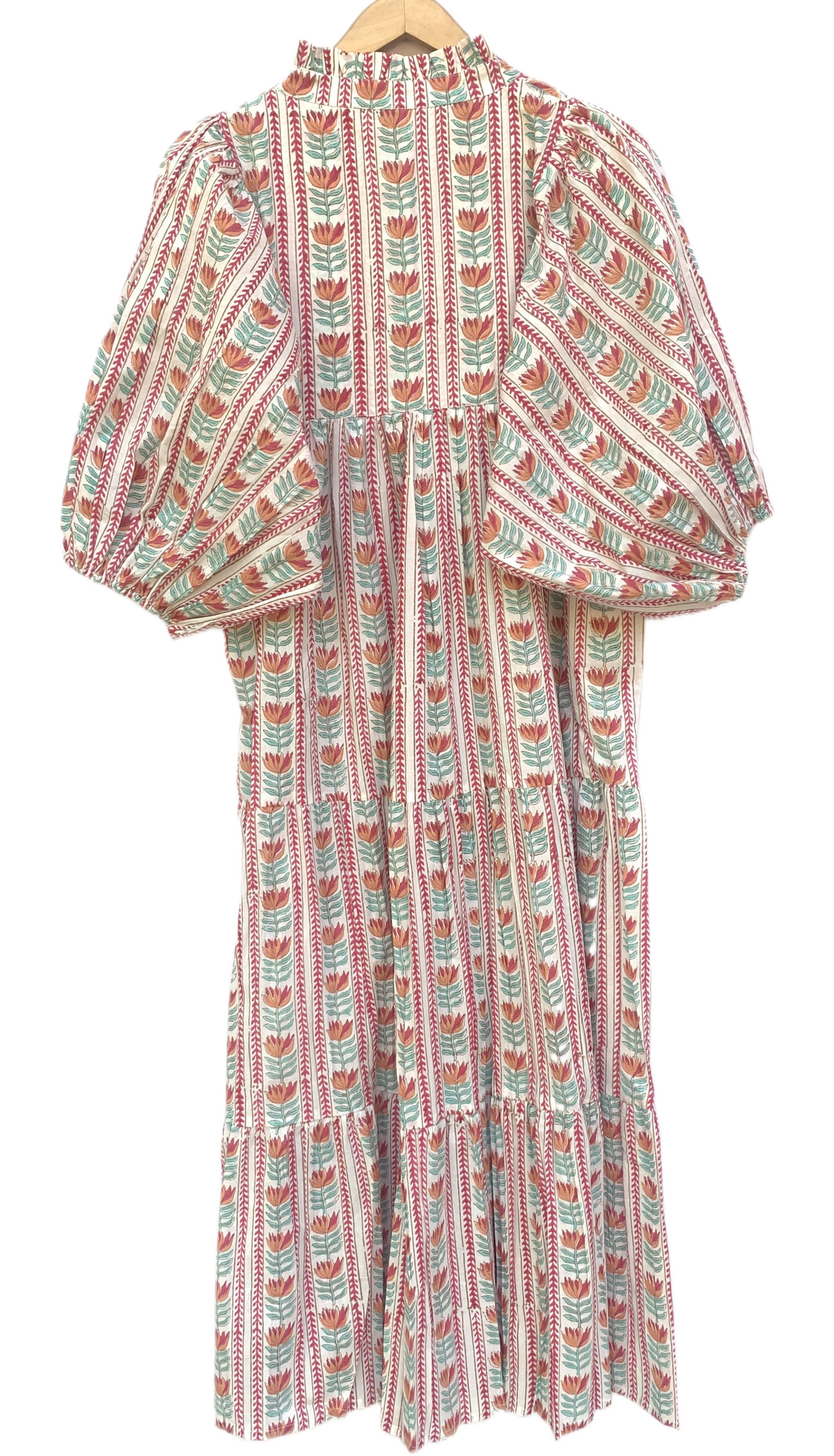 Mint Red Floral Stripe Block Print Cotton Midi Dress – Boho Handmade Tiered Dress with Puff Sleeves
