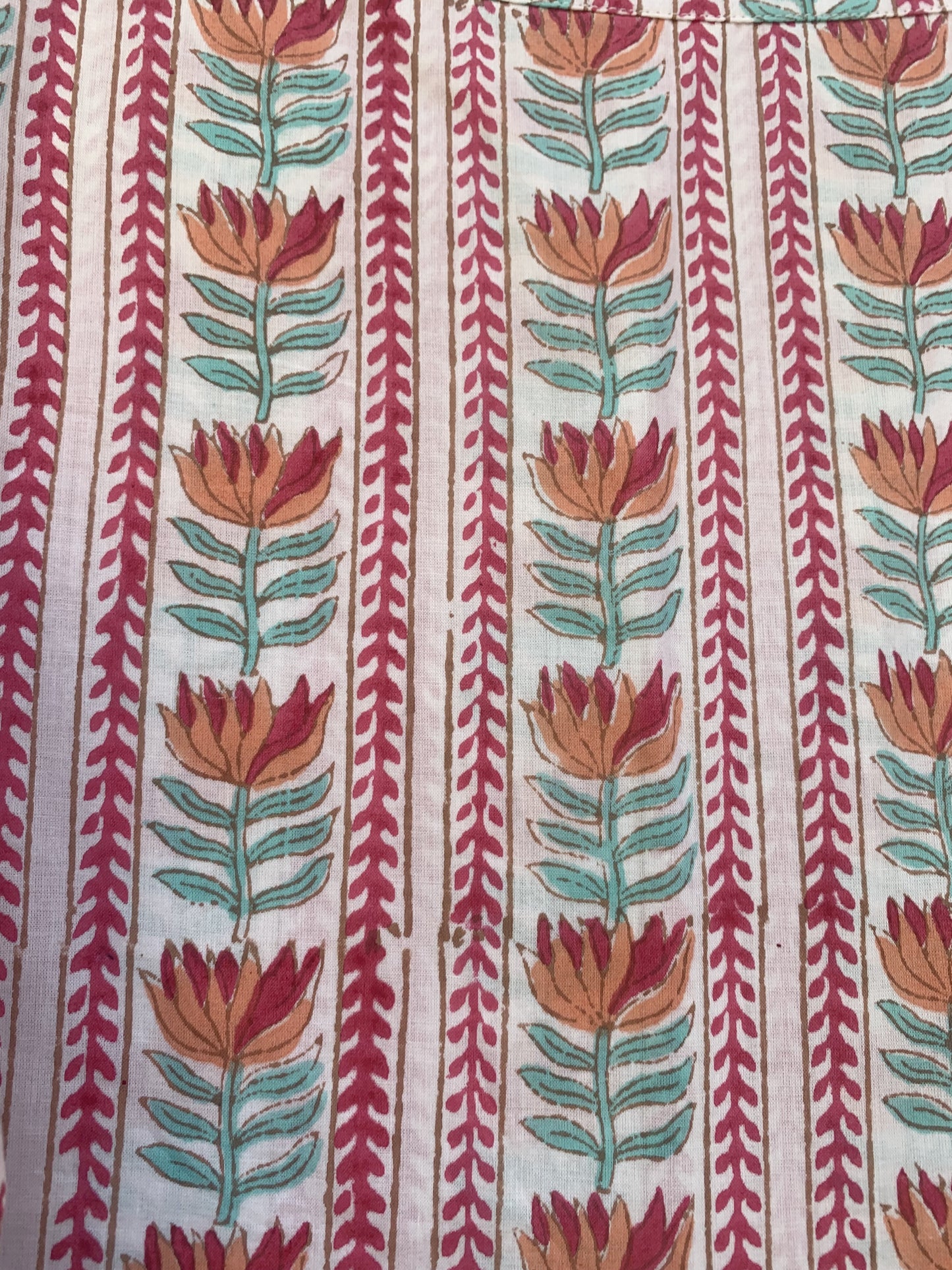 Mint Red Floral Stripe Block Print Cotton Midi Dress – Boho Handmade Tiered Dress with Puff Sleeves