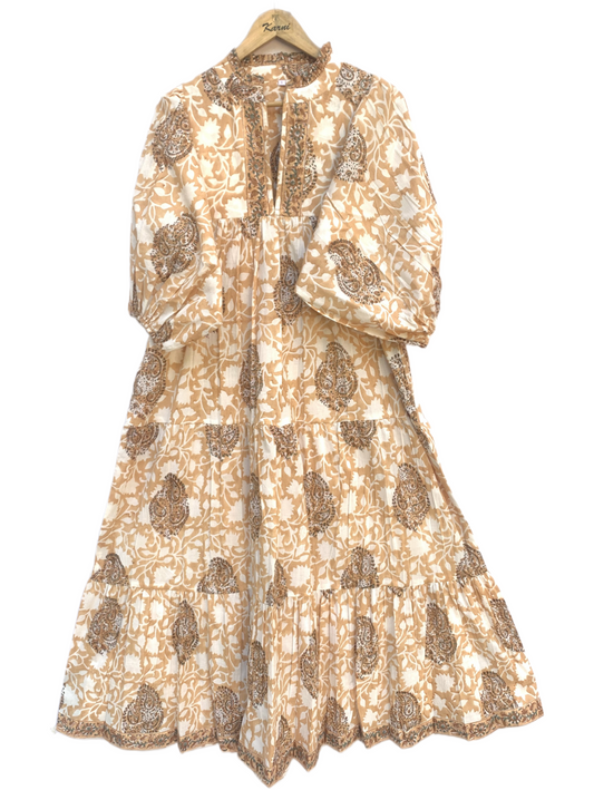 Beige Brown Floral Block Print Cotton Midi Dress – Handcrafted Boho Dress with Puff Sleeves
