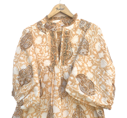 Beige Brown Floral Block Print Cotton Midi Dress – Handcrafted Boho Dress with Puff Sleeves
