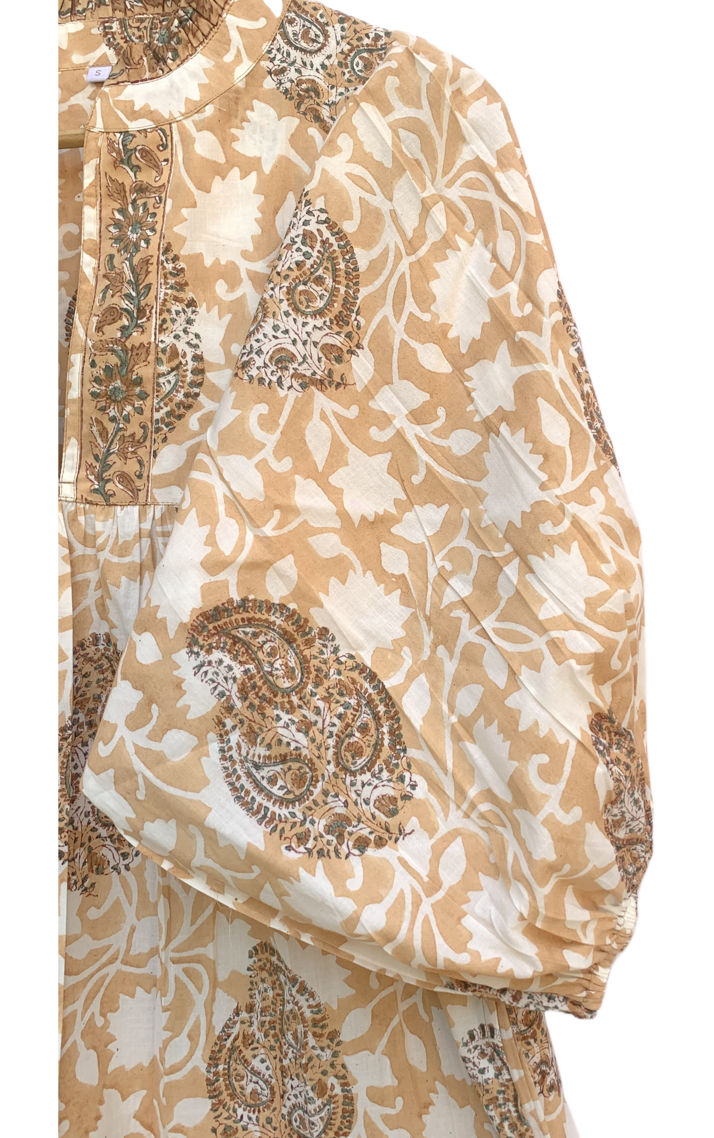 Beige Brown Floral Block Print Cotton Midi Dress – Handcrafted Boho Dress with Puff Sleeves