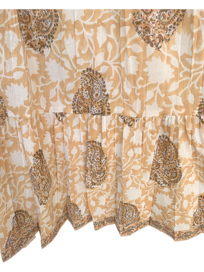 Beige Brown Floral Block Print Cotton Midi Dress – Handcrafted Boho Dress with Puff Sleeves