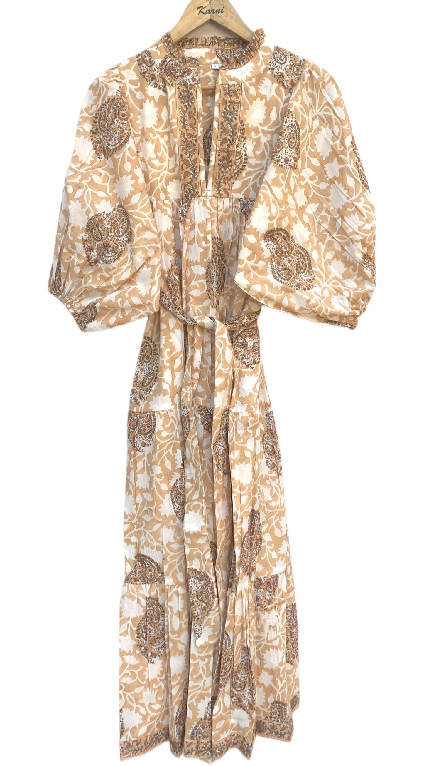 Beige Brown Floral Block Print Cotton Midi Dress – Handcrafted Boho Dress with Puff Sleeves