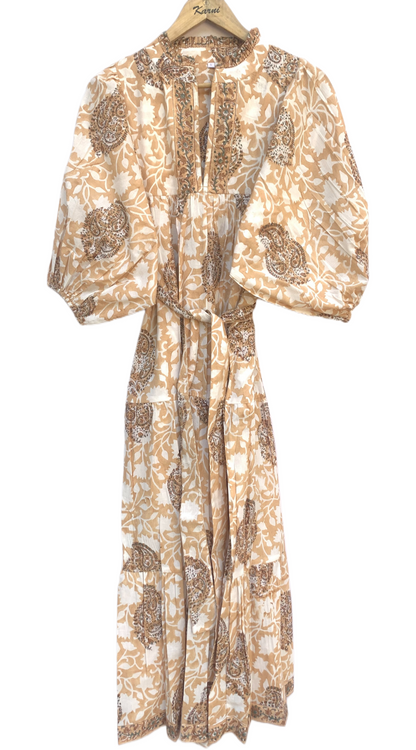 Beige Brown Floral Block Print Cotton Midi Dress – Handcrafted Boho Dress with Puff Sleeves