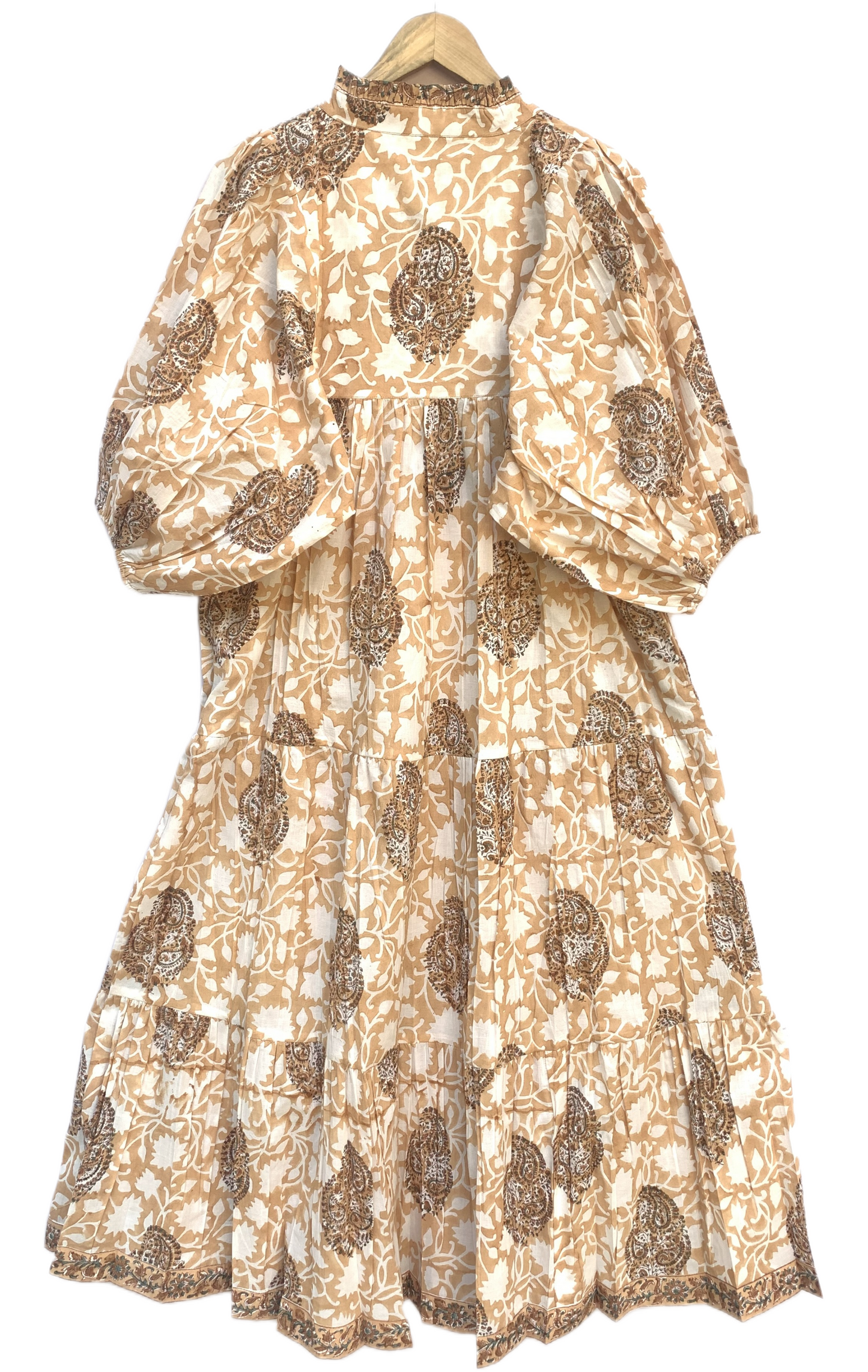 Beige Brown Floral Block Print Cotton Midi Dress – Handcrafted Boho Dress with Puff Sleeves