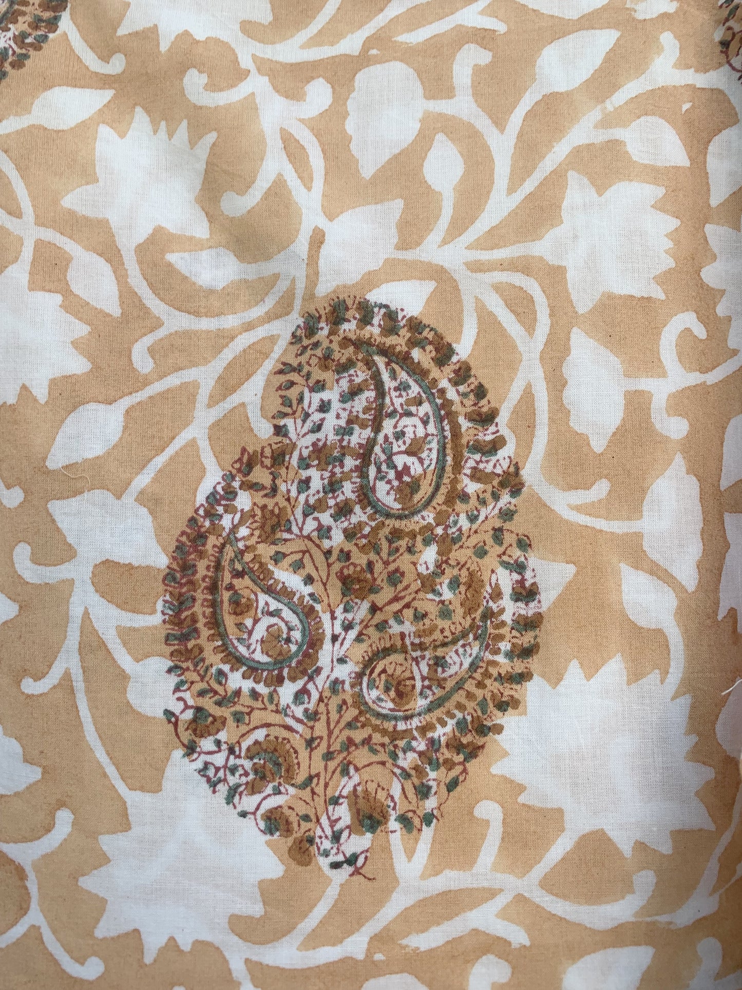 Beige Brown Floral Block Print Cotton Midi Dress – Handcrafted Boho Dress with Puff Sleeves