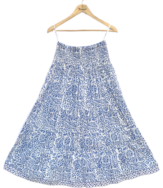 White Blue Floral Block Print Cotton Smocked Dress – Handcrafted Boho Midi Sundress