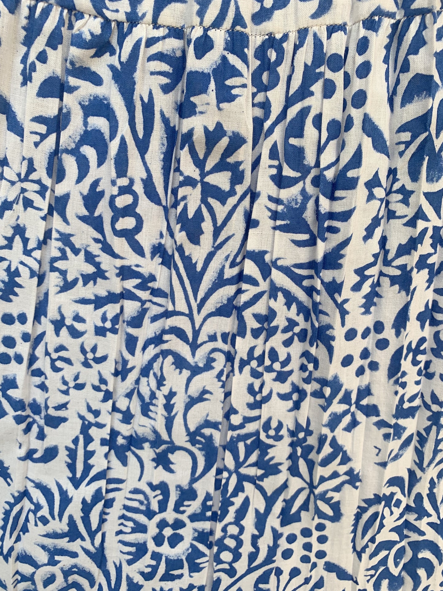 White Blue Floral Block Print Cotton Smocked Dress – Handcrafted Boho Midi Sundress