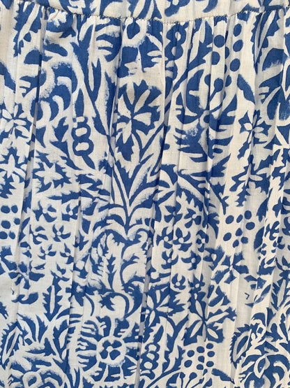 White Blue Floral Block Print Cotton Smocked Dress – Handcrafted Boho Midi Sundress