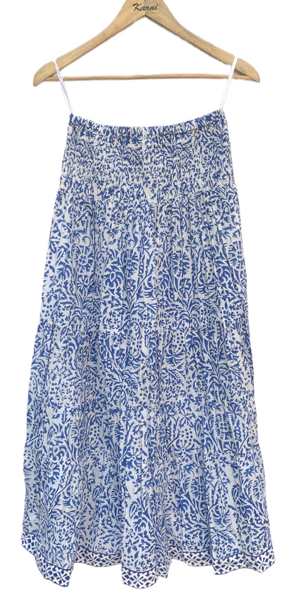 White Blue Floral Block Print Cotton Smocked Dress – Handcrafted Boho Midi Sundress