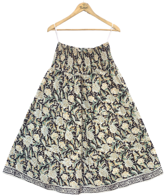 Black Beige Floral Block Print Cotton Smocked Dress – Handcrafted Boho Midi Sundress – Free Shipping