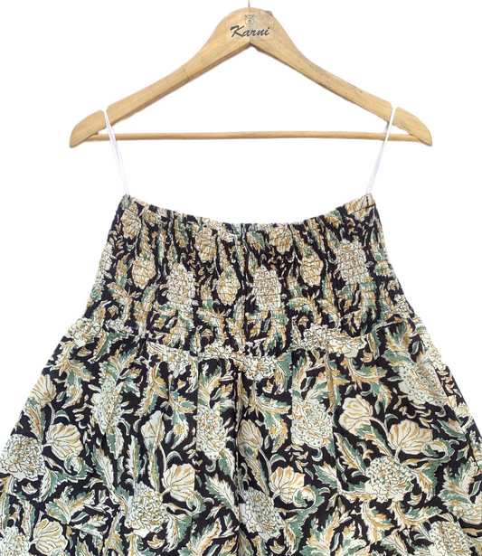 Black Beige Floral Block Print Cotton Smocked Dress – Handcrafted Boho Midi Sundress – Free Shipping