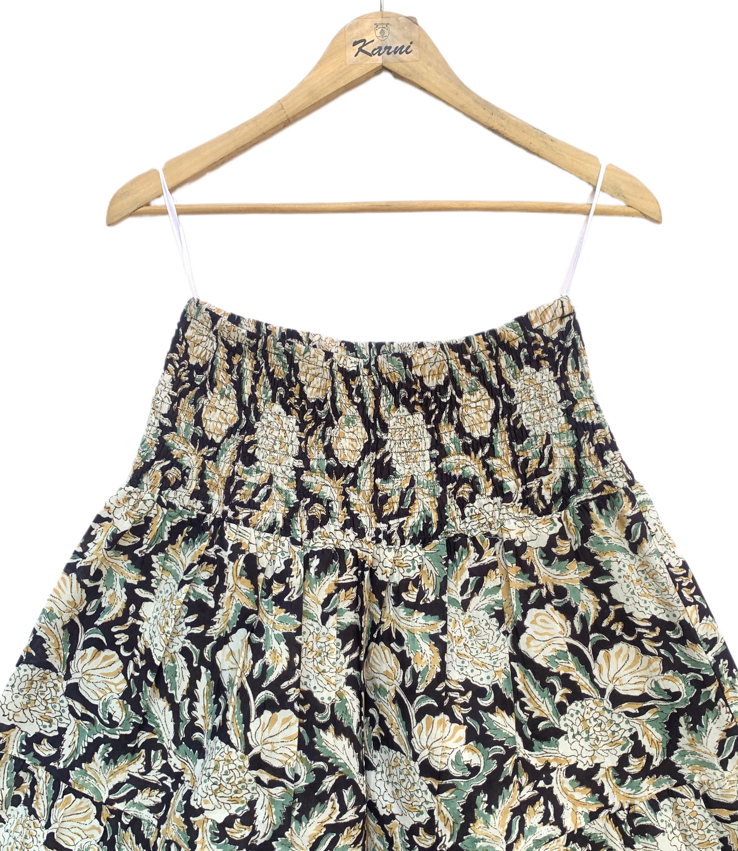 Black Beige Floral Block Print Cotton Smocked Dress – Handcrafted Boho Midi Sundress – Free Shipping