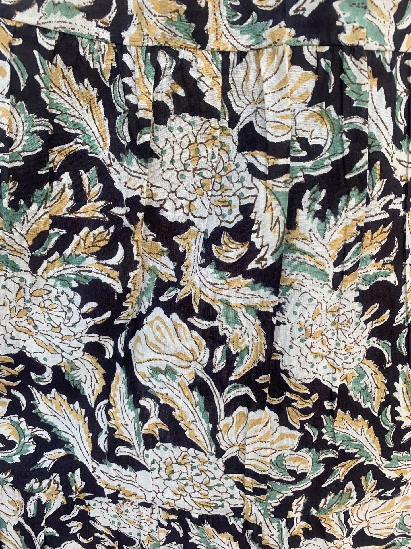 Black Beige Floral Block Print Cotton Smocked Dress – Handcrafted Boho Midi Sundress – Free Shipping