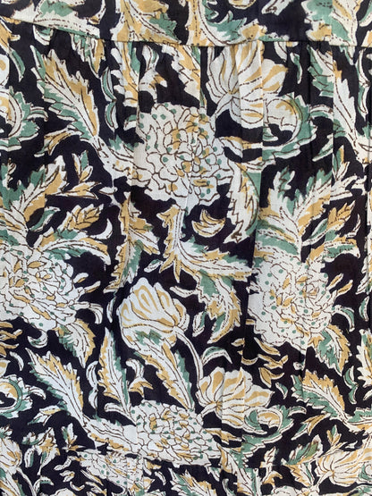 Black Beige Floral Block Print Cotton Smocked Dress – Handcrafted Boho Midi Sundress – Free Shipping