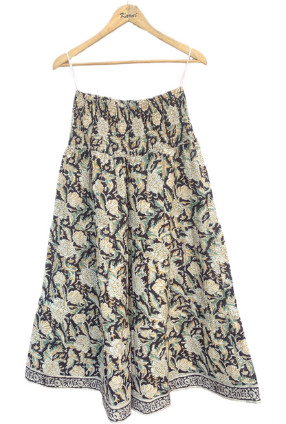 Black Beige Floral Block Print Cotton Smocked Dress – Handcrafted Boho Midi Sundress – Free Shipping