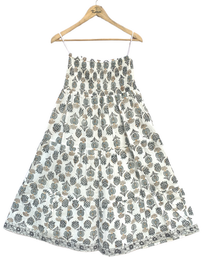White Grey Floral Block Print Cotton Smocked Dress – Handcrafted Boho Midi Sundress