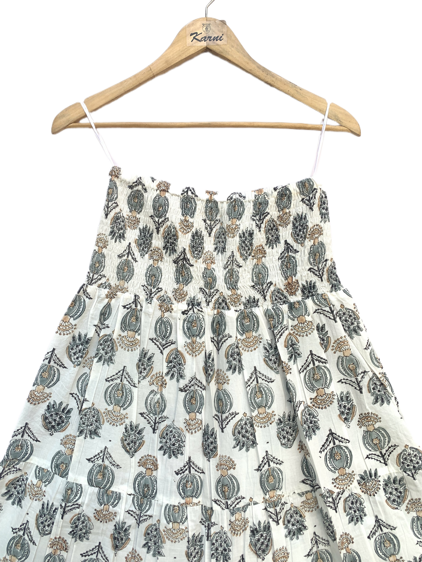 White Grey Floral Block Print Cotton Smocked Dress – Handcrafted Boho Midi Sundress