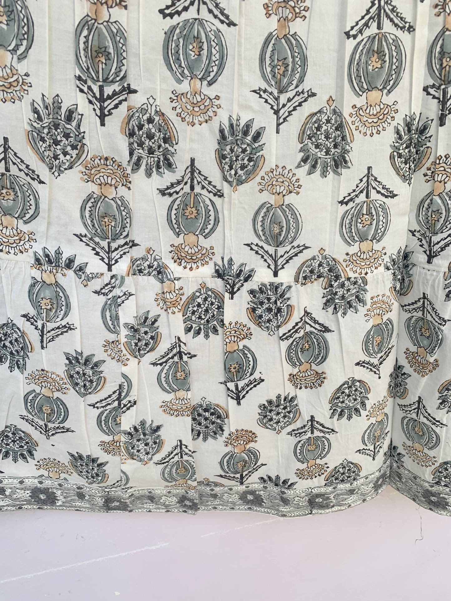 White Grey Floral Block Print Cotton Smocked Dress – Handcrafted Boho Midi Sundress