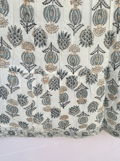 White Grey Floral Block Print Cotton Smocked Dress – Handcrafted Boho Midi Sundress