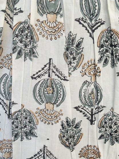 White Grey Floral Block Print Cotton Smocked Dress – Handcrafted Boho Midi Sundress