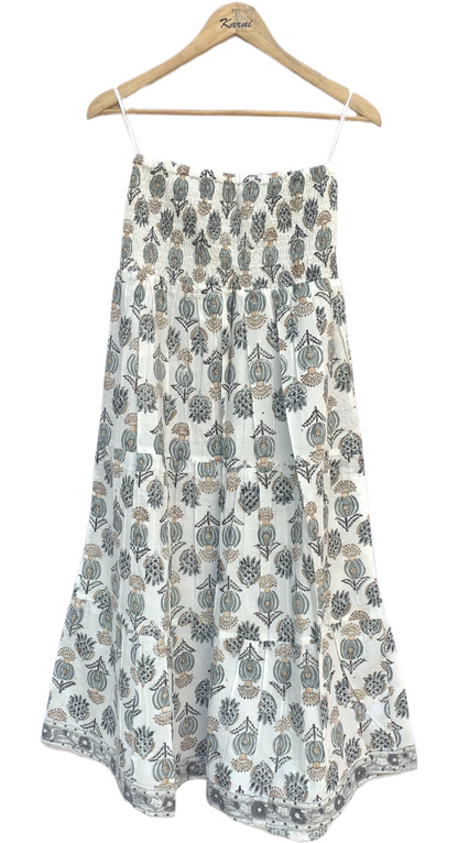 White Grey Floral Block Print Cotton Smocked Dress – Handcrafted Boho Midi Sundress