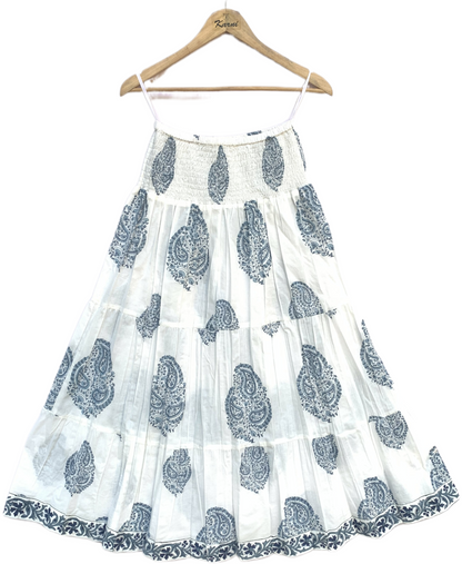 White Blue Paisley Block Print Cotton Smocked Dress – Handcrafted Boho Midi Sundress