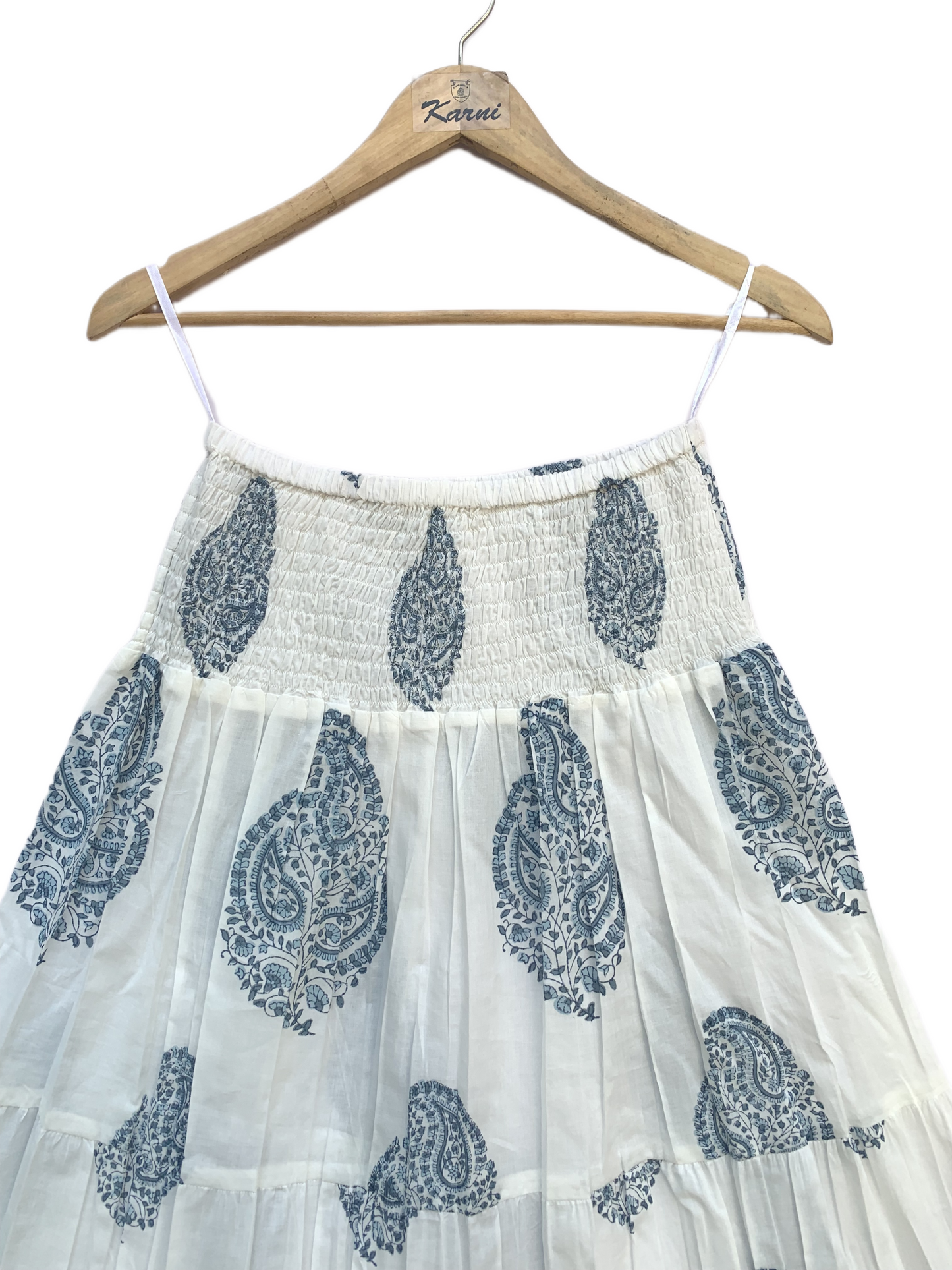 White Blue Paisley Block Print Cotton Smocked Dress – Handcrafted Boho Midi Sundress