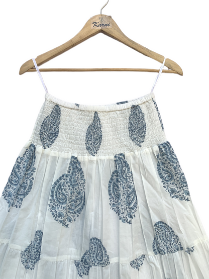 White Blue Paisley Block Print Cotton Smocked Dress – Handcrafted Boho Midi Sundress