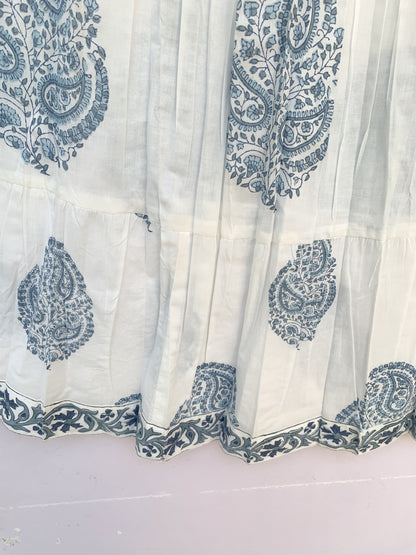 White Blue Paisley Block Print Cotton Smocked Dress – Handcrafted Boho Midi Sundress