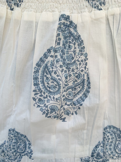 White Blue Paisley Block Print Cotton Smocked Dress – Handcrafted Boho Midi Sundress