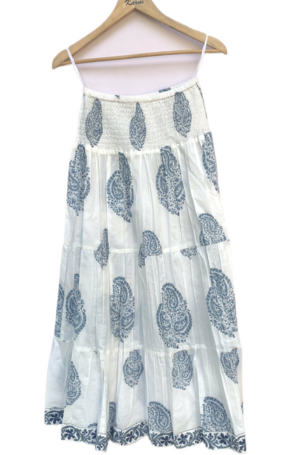 White Blue Paisley Block Print Cotton Smocked Dress – Handcrafted Boho Midi Sundress