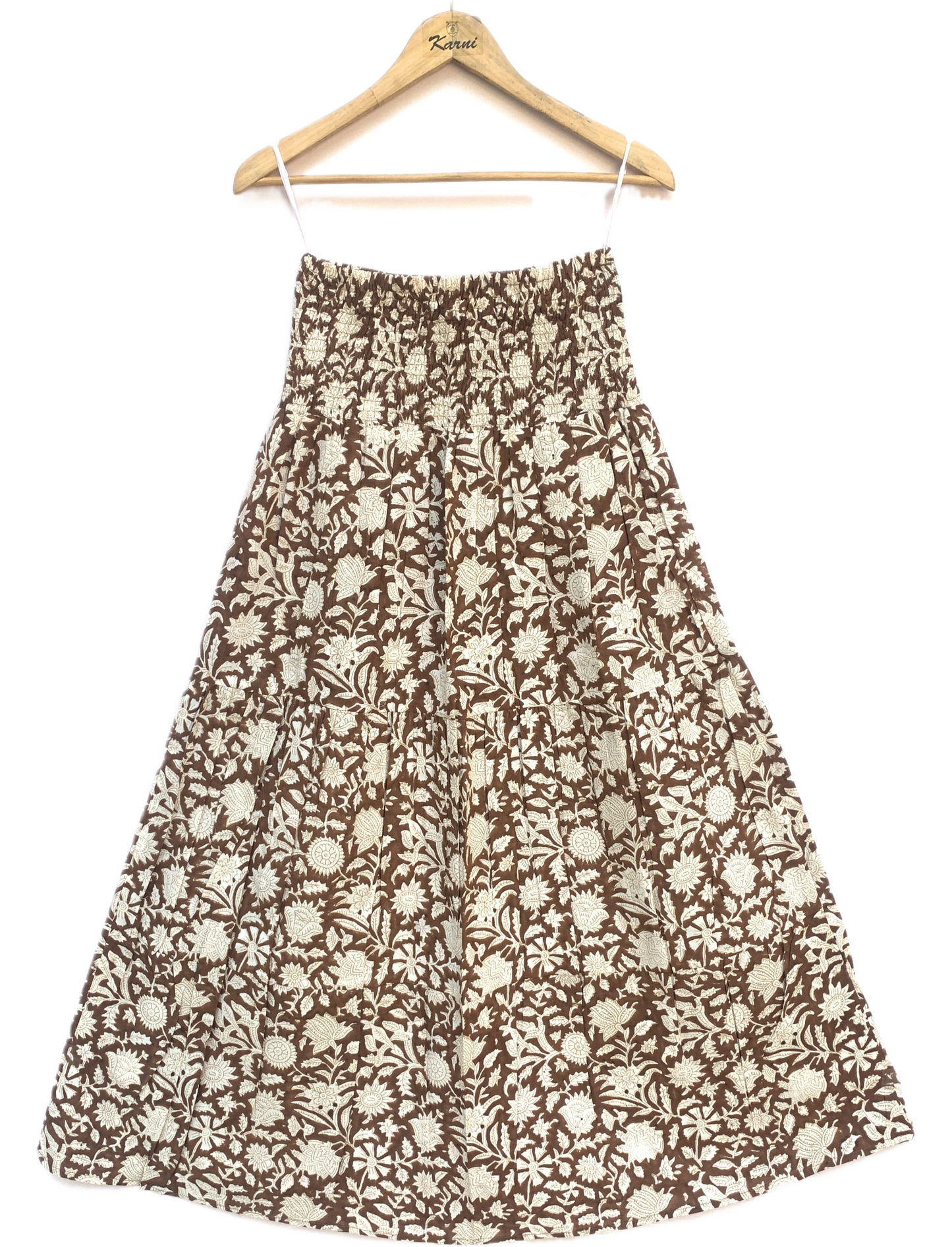 Brown White Floral Block Print Cotton Smocked Dress – Handcrafted Boho Midi Sundress – Free Shipping