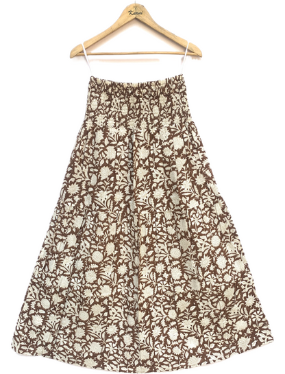 Brown White Floral Block Print Cotton Smocked Dress – Handcrafted Boho Midi Sundress – Free Shipping