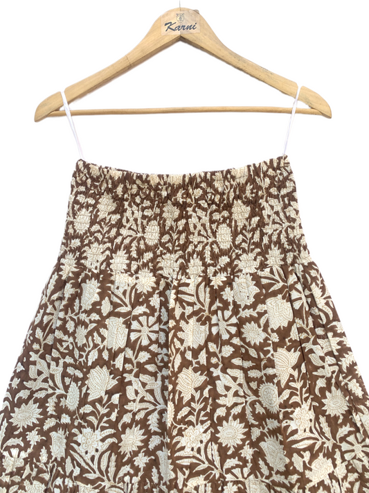 Brown White Floral Block Print Cotton Smocked Dress – Handcrafted Boho Midi Sundress – Free Shipping