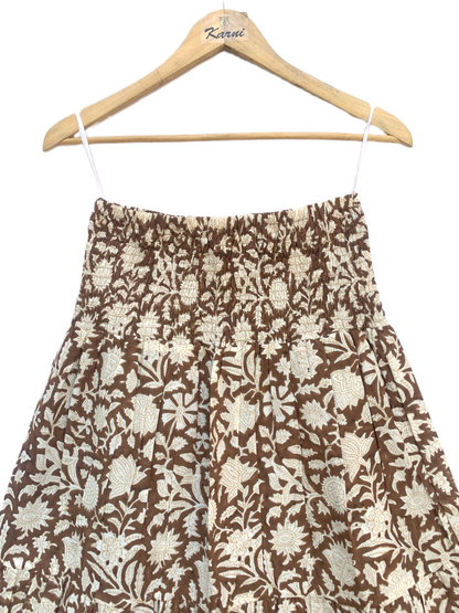 Brown White Floral Block Print Cotton Smocked Dress – Handcrafted Boho Midi Sundress – Free Shipping